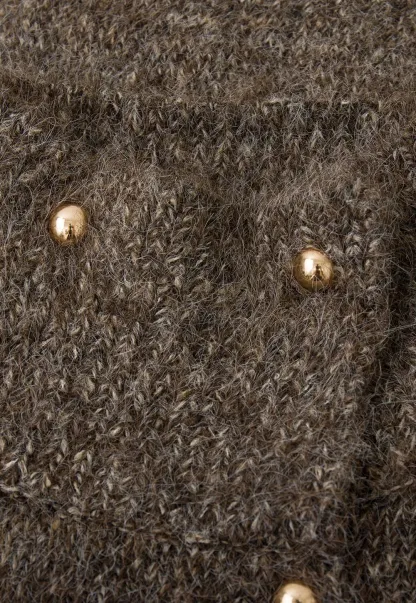 High Neck Cropped Knit Sweater with Gold Button Detail