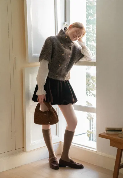 High Neck Cropped Knit Sweater with Gold Button Detail