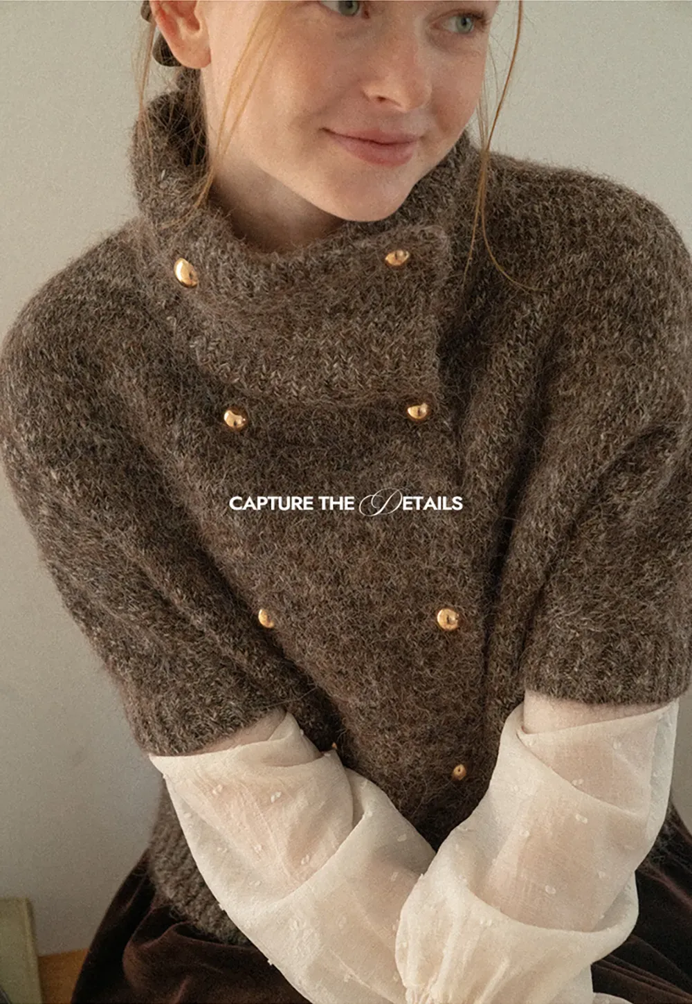 High Neck Cropped Knit Sweater with Gold Button Detail