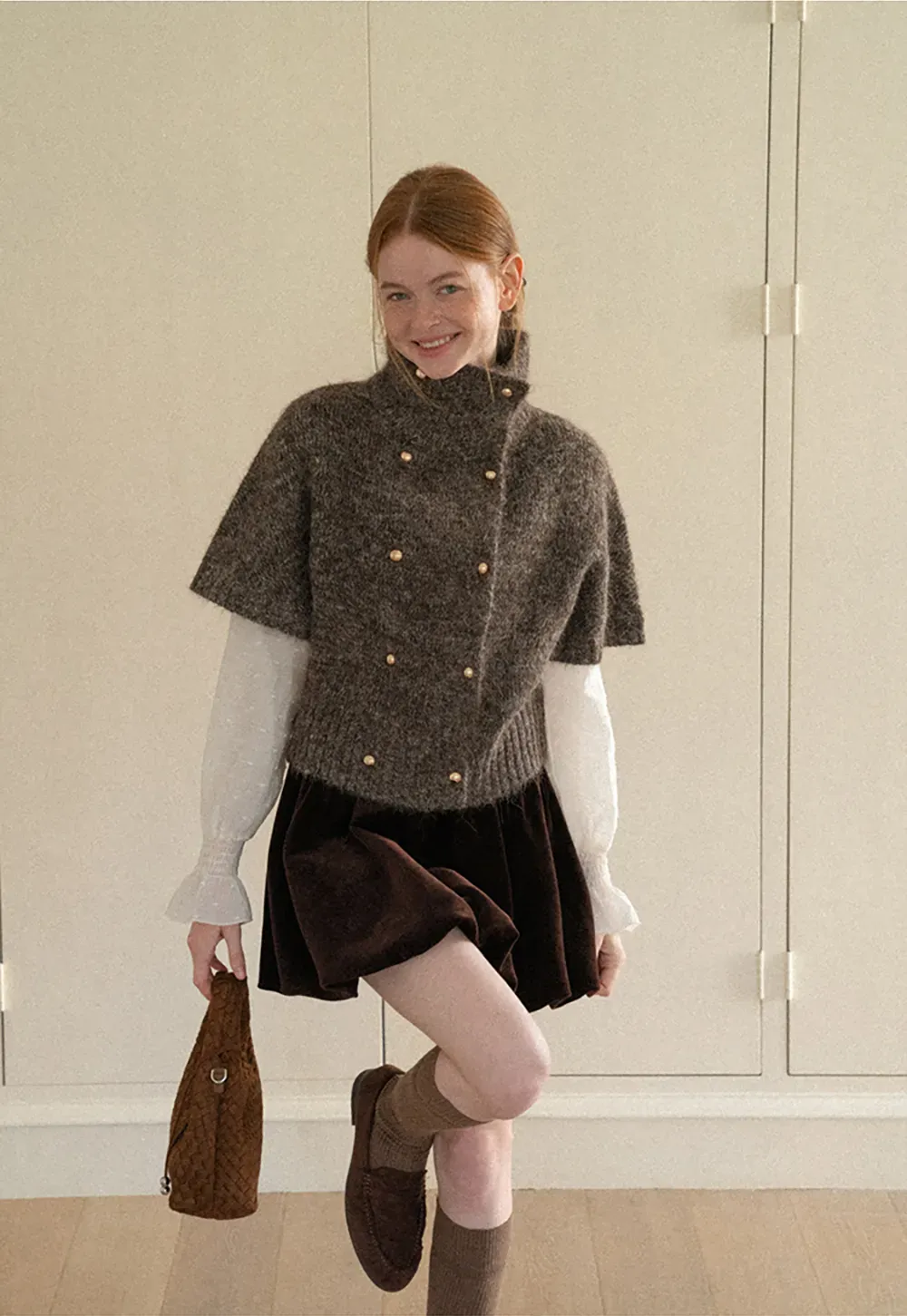 High Neck Cropped Knit Sweater with Gold Button Detail