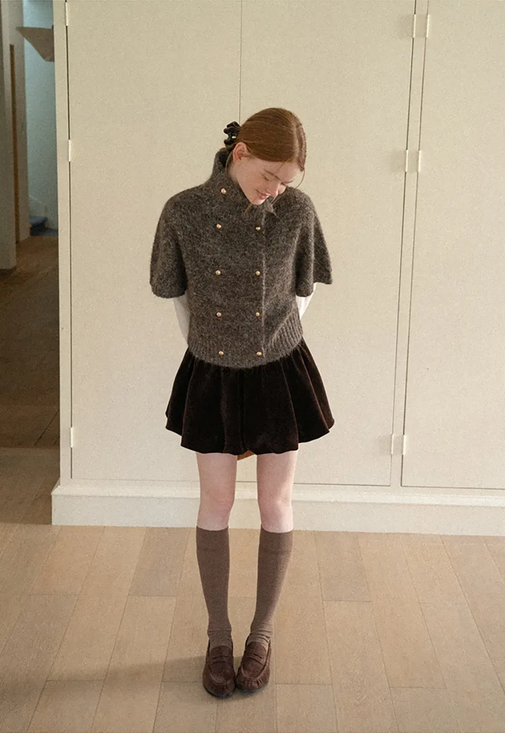 High Neck Cropped Knit Sweater with Gold Button Detail