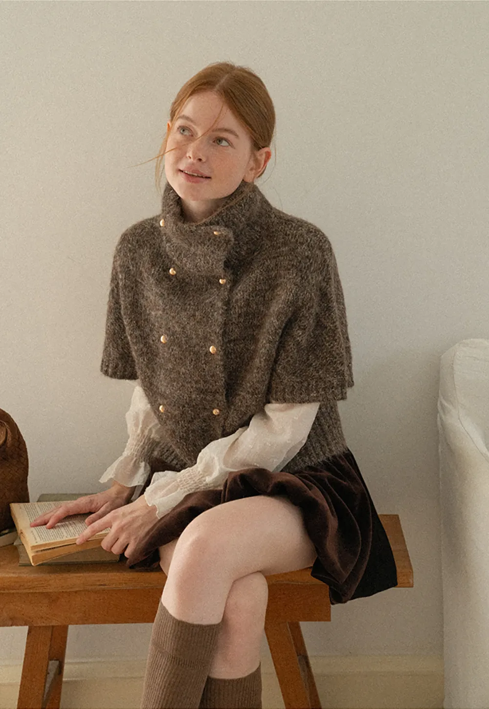 High Neck Cropped Knit Sweater with Gold Button Detail