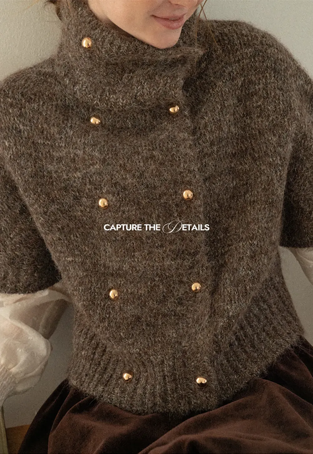 High Neck Cropped Knit Sweater with Gold Button Detail
