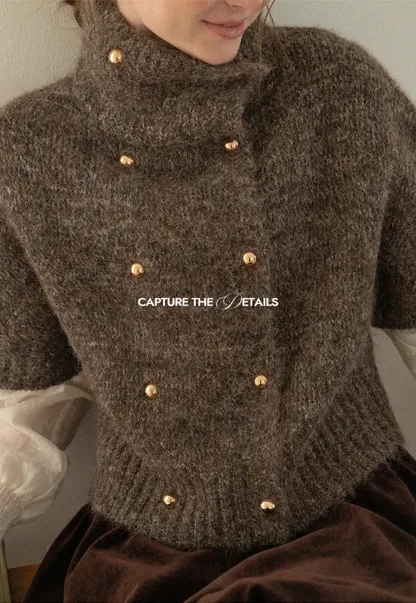 High Neck Cropped Knit Sweater with Gold Button Detail