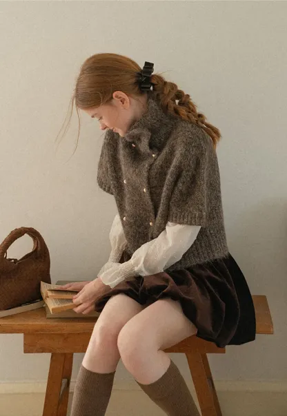 High Neck Cropped Knit Sweater with Gold Button Detail