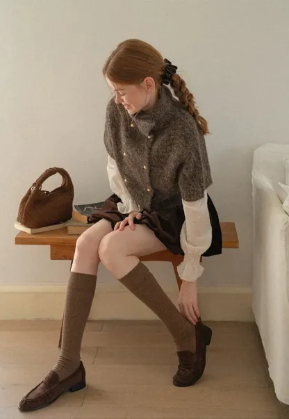 High Neck Cropped Knit Sweater with Gold Button Detail
