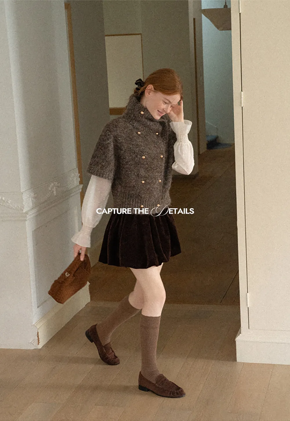 High Neck Cropped Knit Sweater with Gold Button Detail