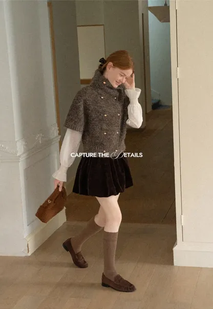 High Neck Cropped Knit Sweater with Gold Button Detail