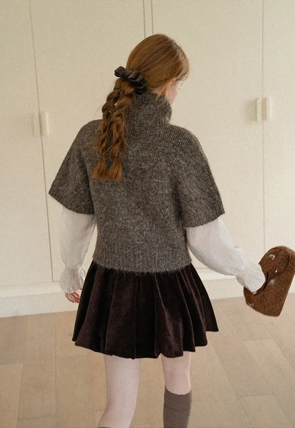 High Neck Cropped Knit Sweater with Gold Button Detail