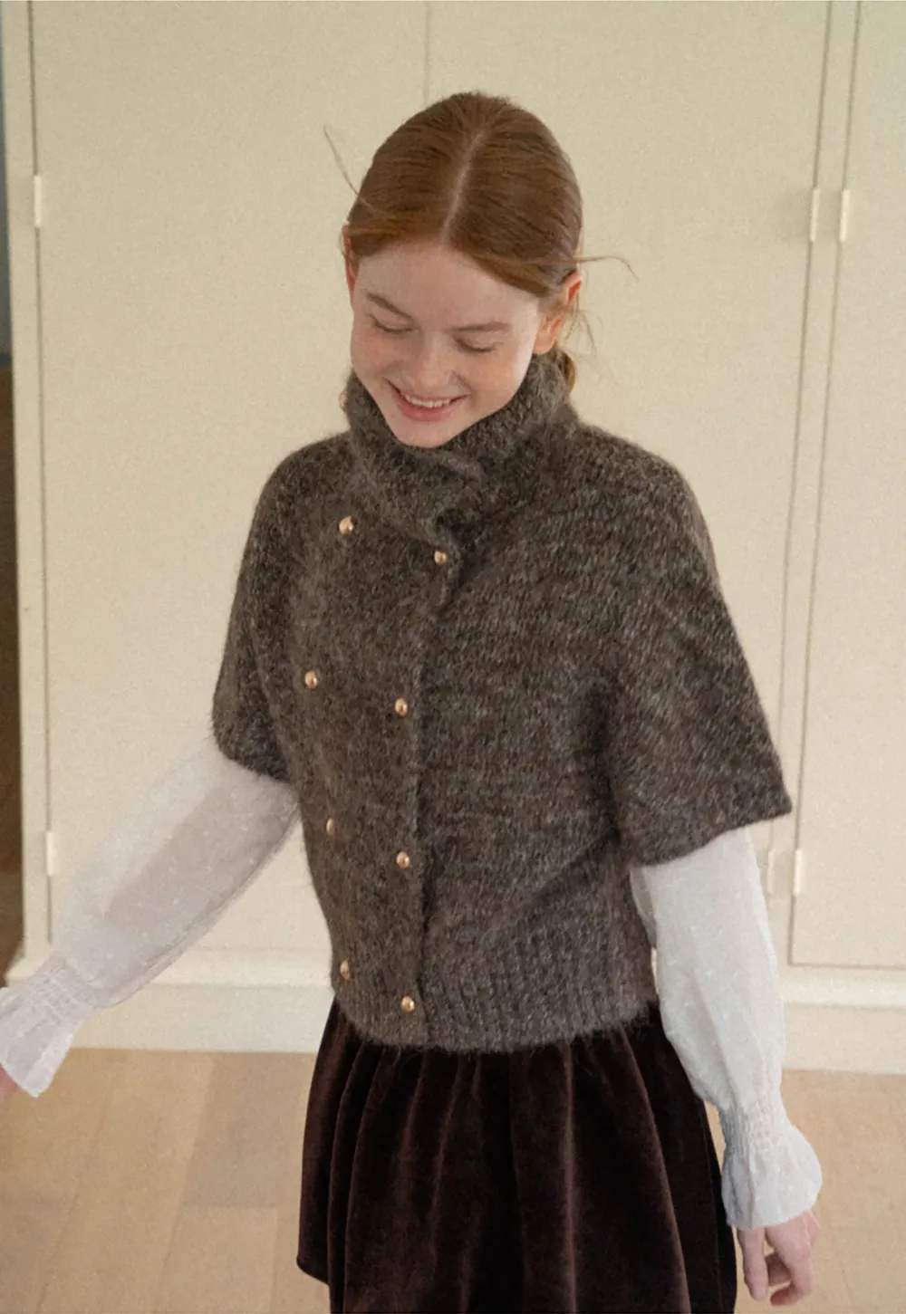 High Neck Cropped Knit Sweater with Gold Button Detail