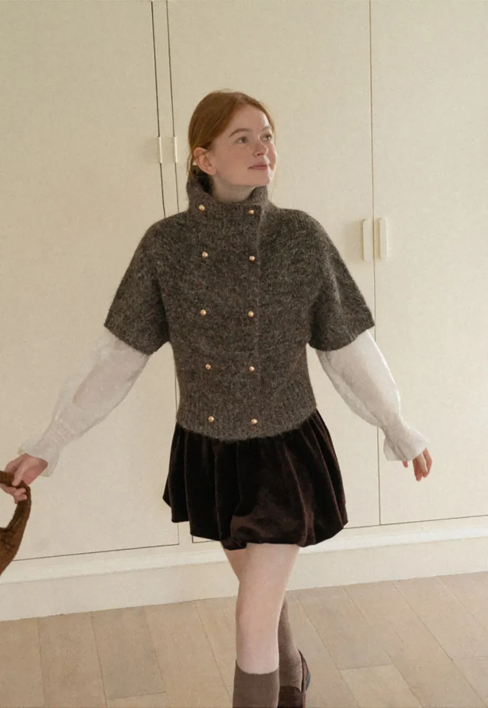 High Neck Cropped Knit Sweater with Gold Button Detail