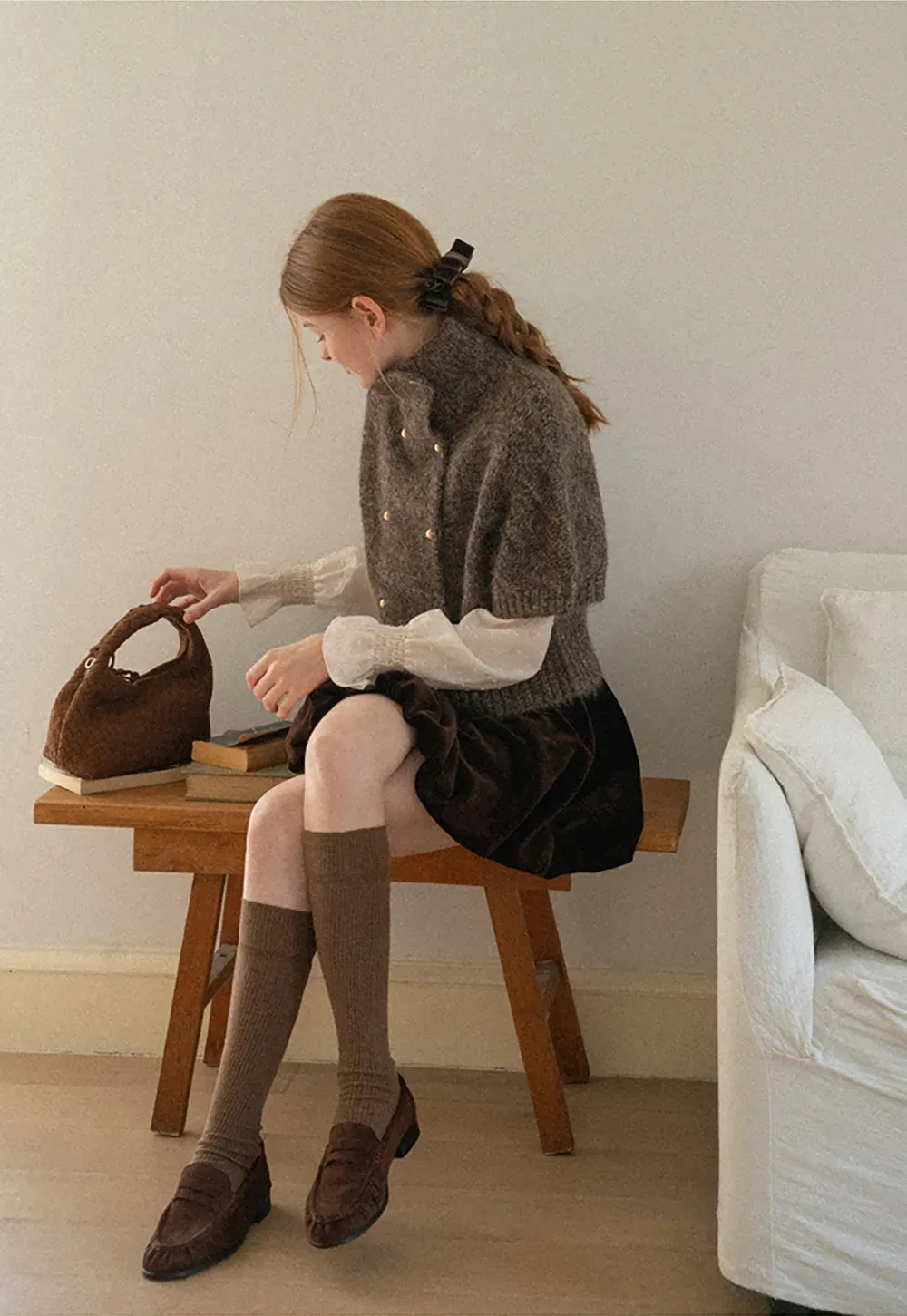 High Neck Cropped Knit Sweater with Gold Button Detail