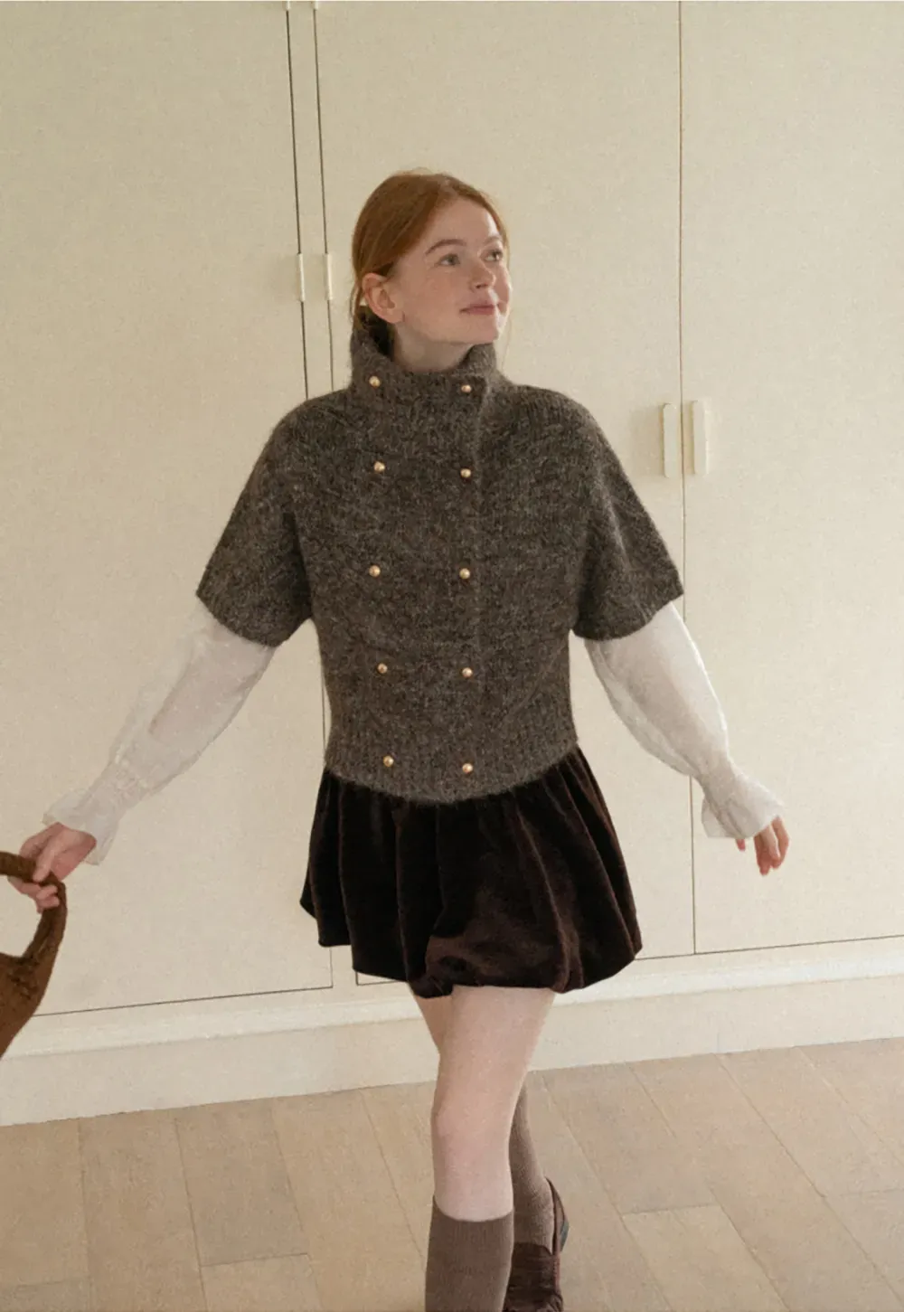 High Neck Cropped Knit Sweater with Gold Button Detail