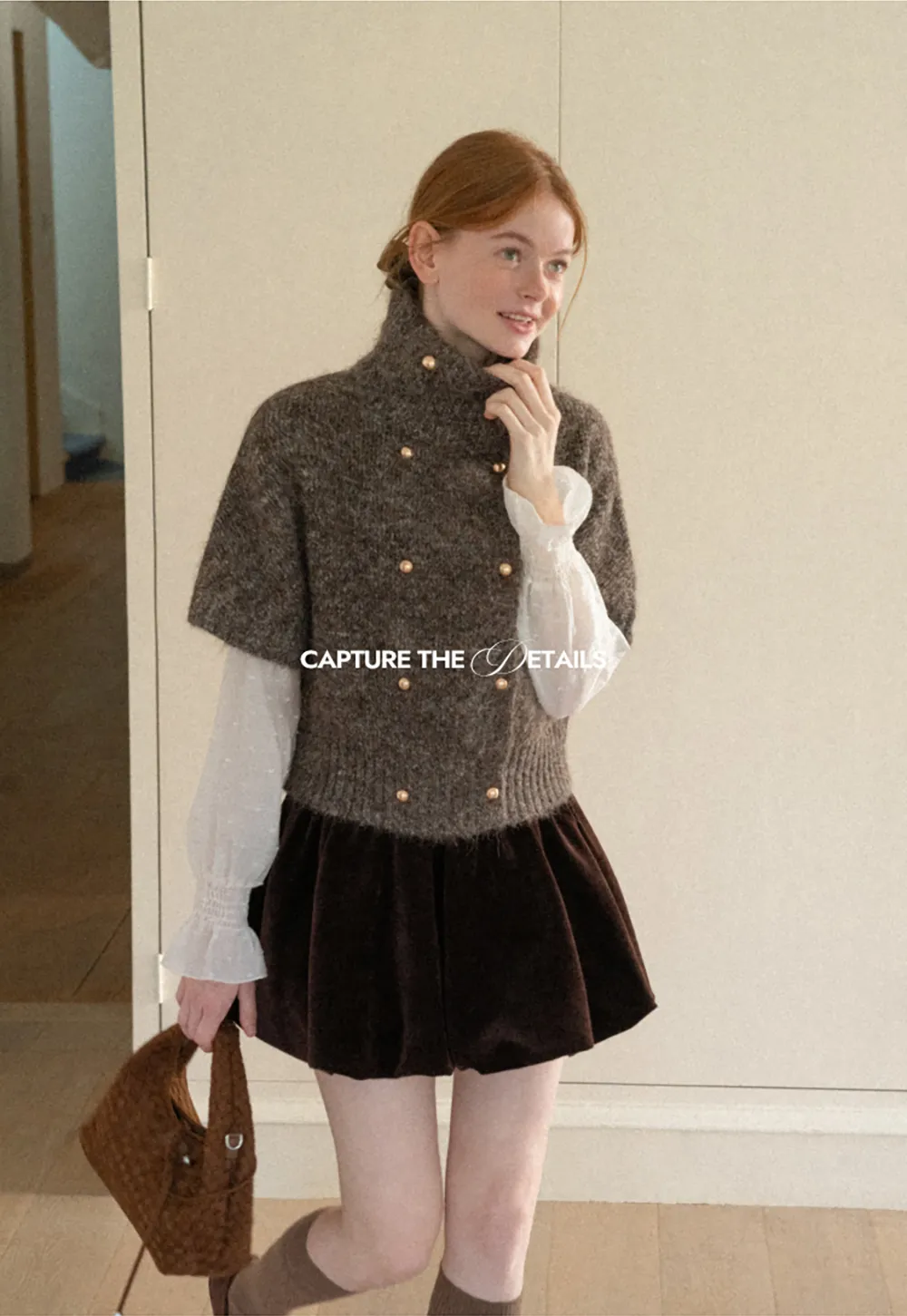 High Neck Cropped Knit Sweater with Gold Button Detail