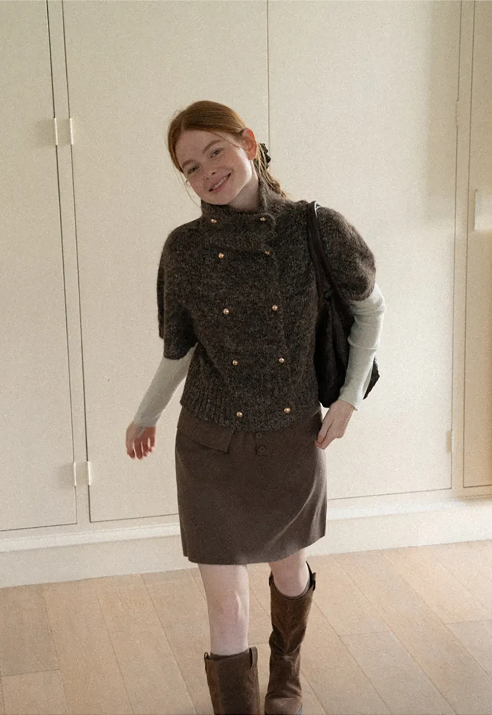 High Neck Cropped Knit Sweater with Gold Button Detail