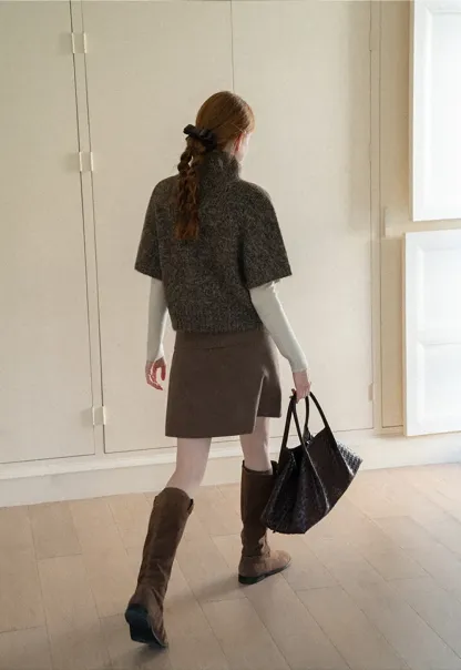 High Neck Cropped Knit Sweater with Gold Button Detail