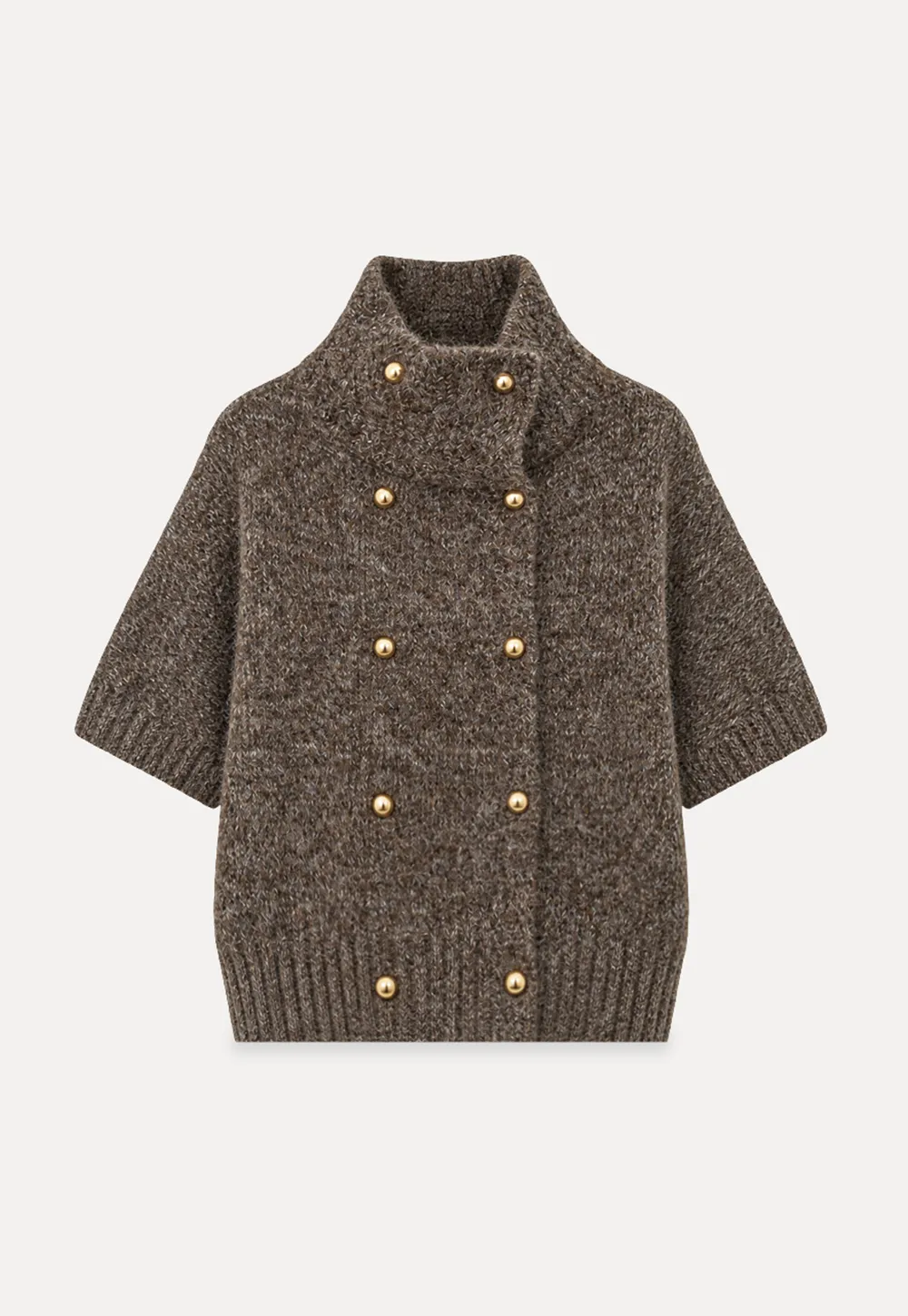 High Neck Cropped Knit Sweater with Gold Button Detail