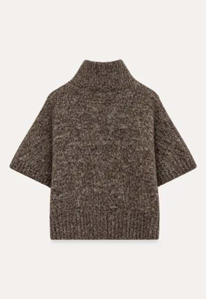 High Neck Cropped Knit Sweater with Gold Button Detail