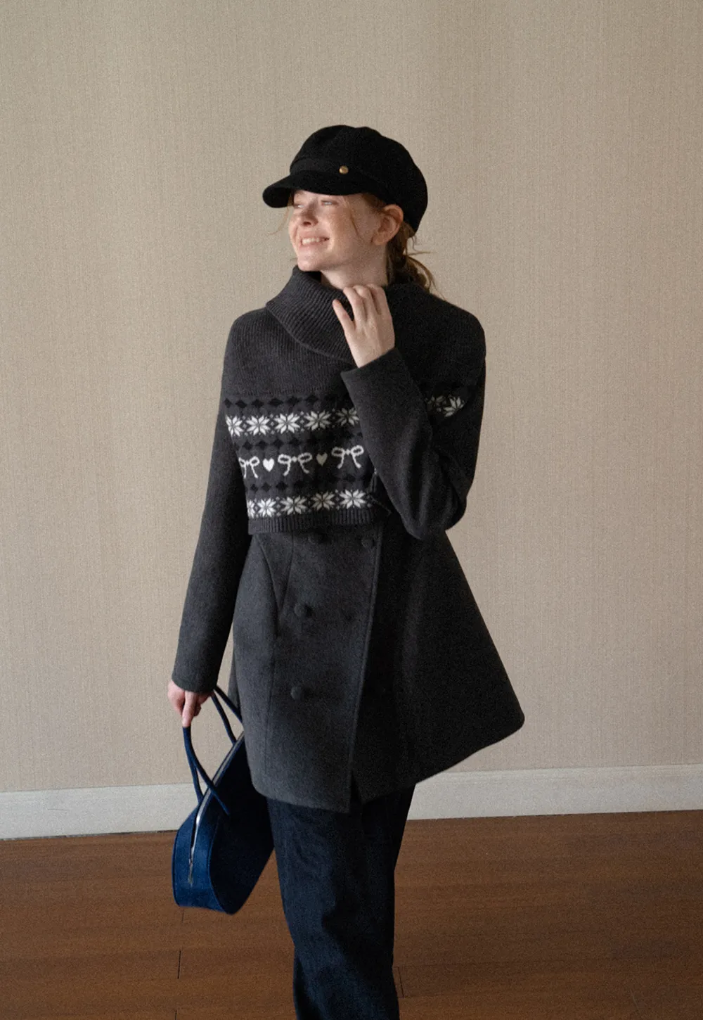 Fair Isle Patterned Turtleneck Knit Sweater and Coat
