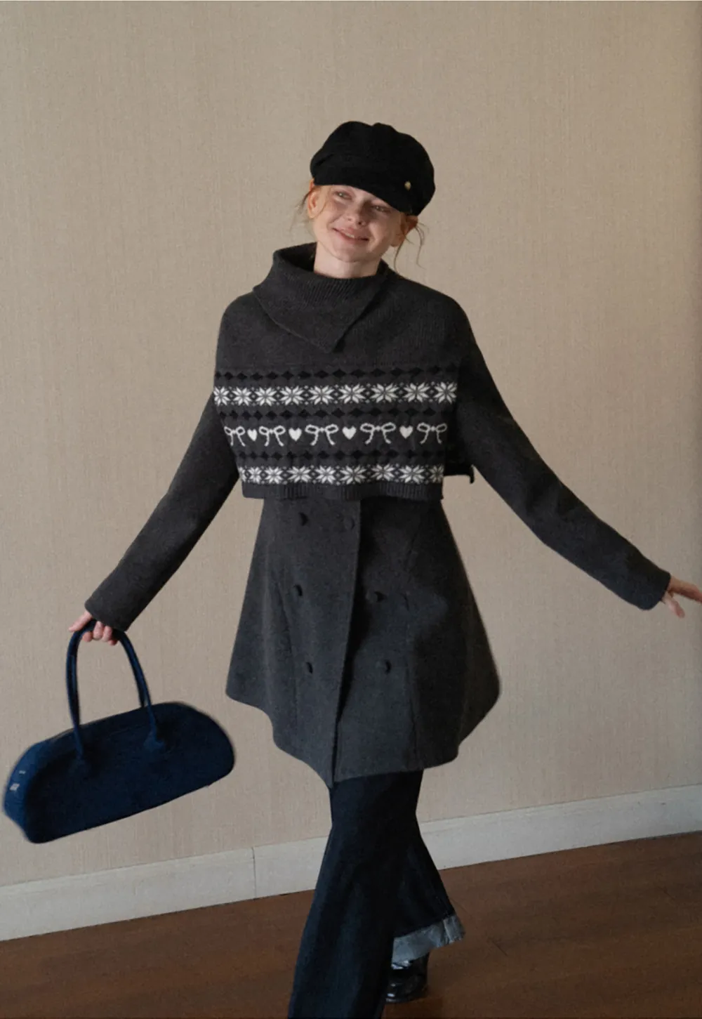 Fair Isle Patterned Turtleneck Knit Sweater and Coat