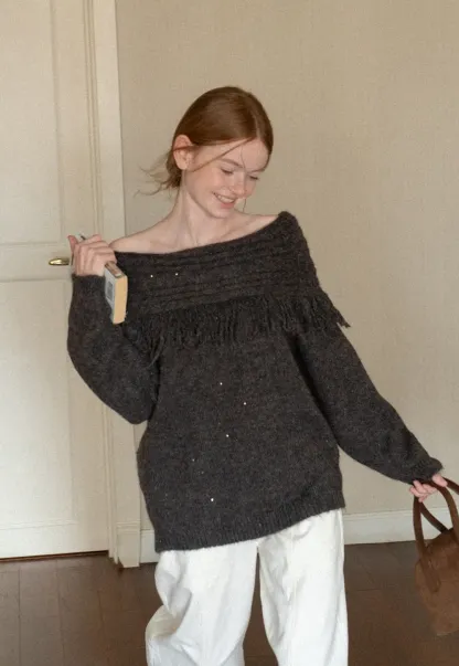 Off Shoulder Fringe Knit Sweater