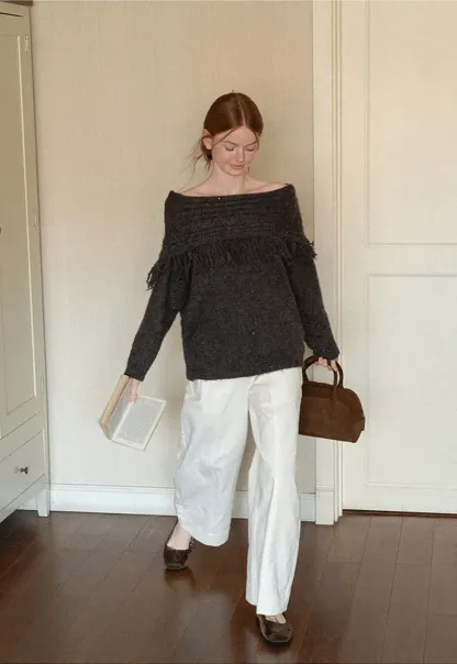 Off Shoulder Fringe Knit Sweater