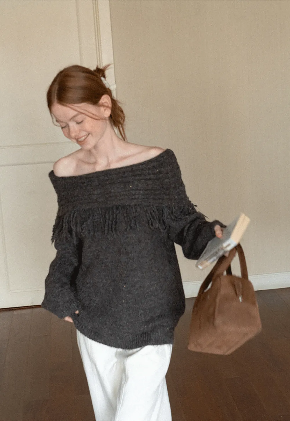 Off Shoulder Fringe Knit Sweater