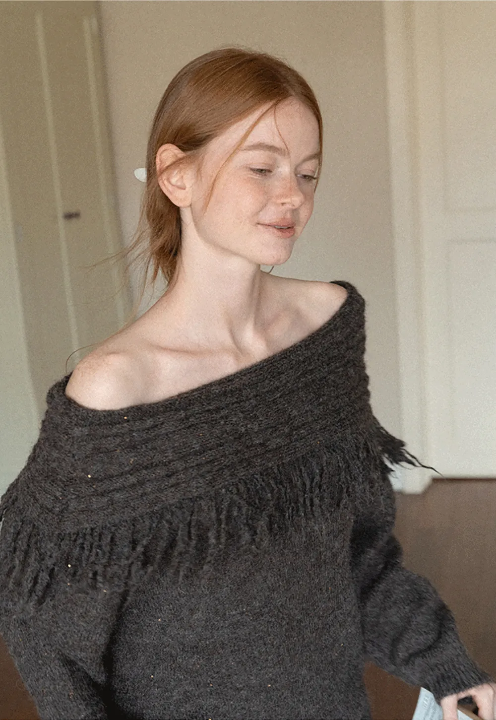 Off Shoulder Fringe Knit Sweater