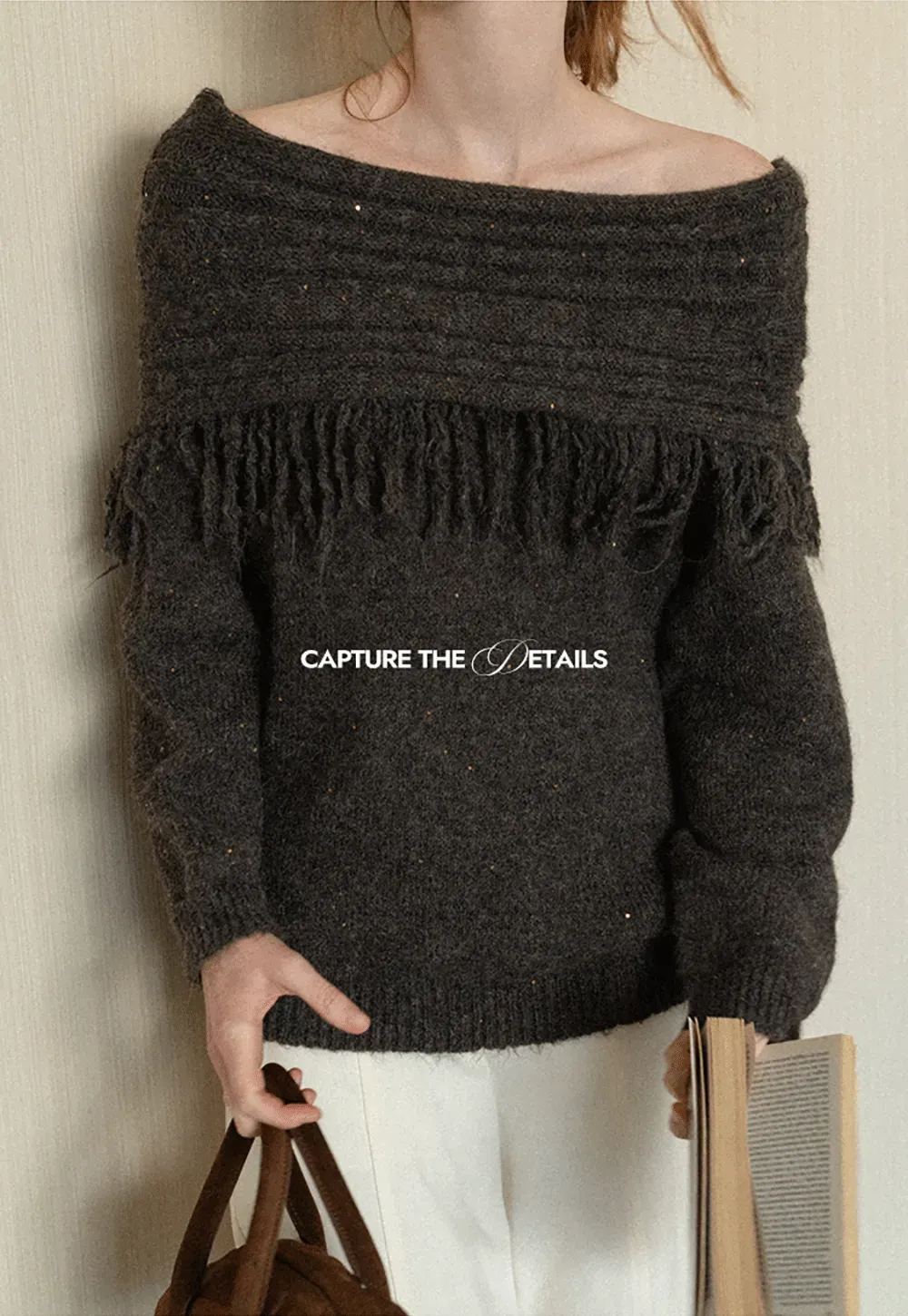 Off Shoulder Fringe Knit Sweater
