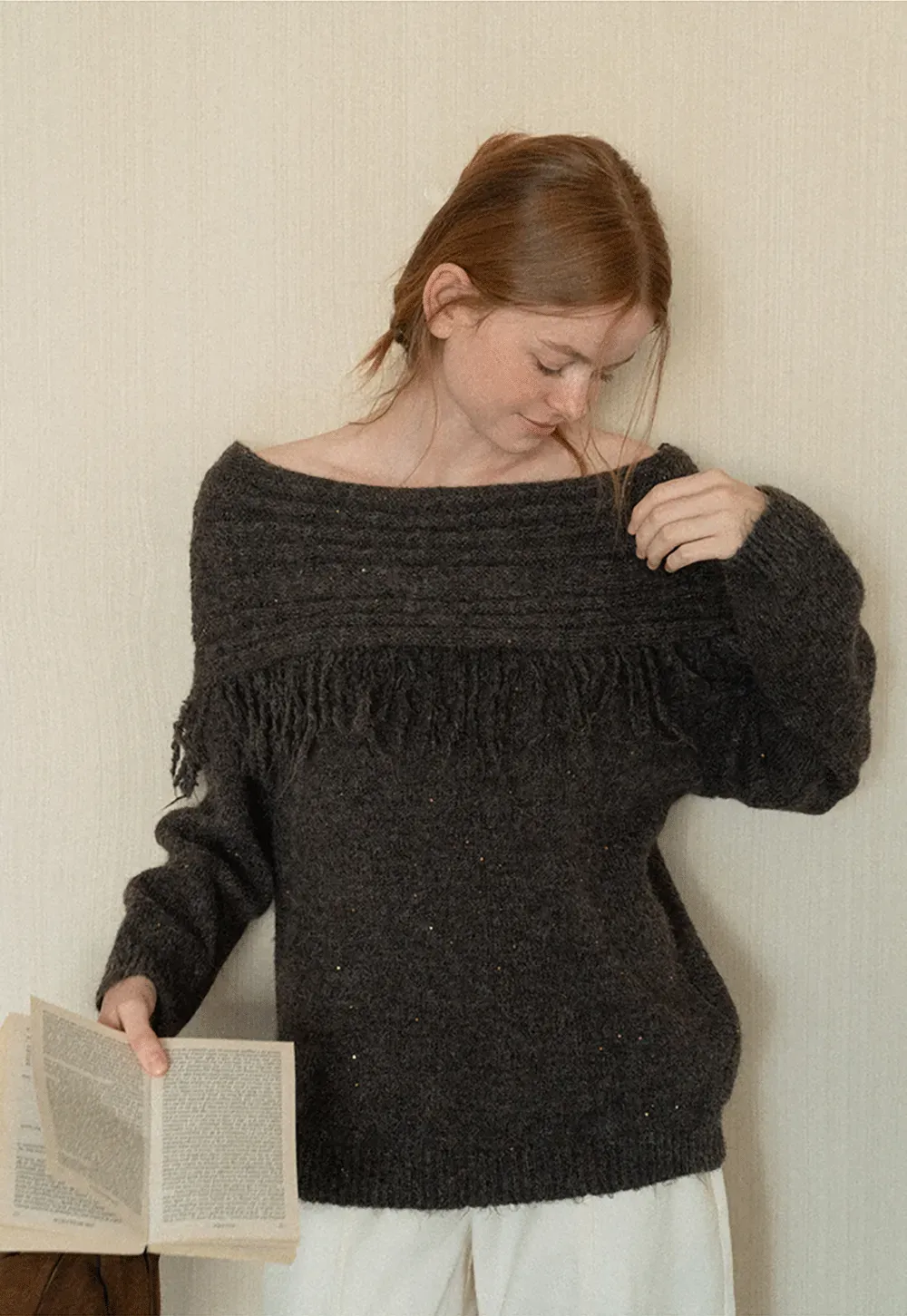 Off Shoulder Fringe Knit Sweater