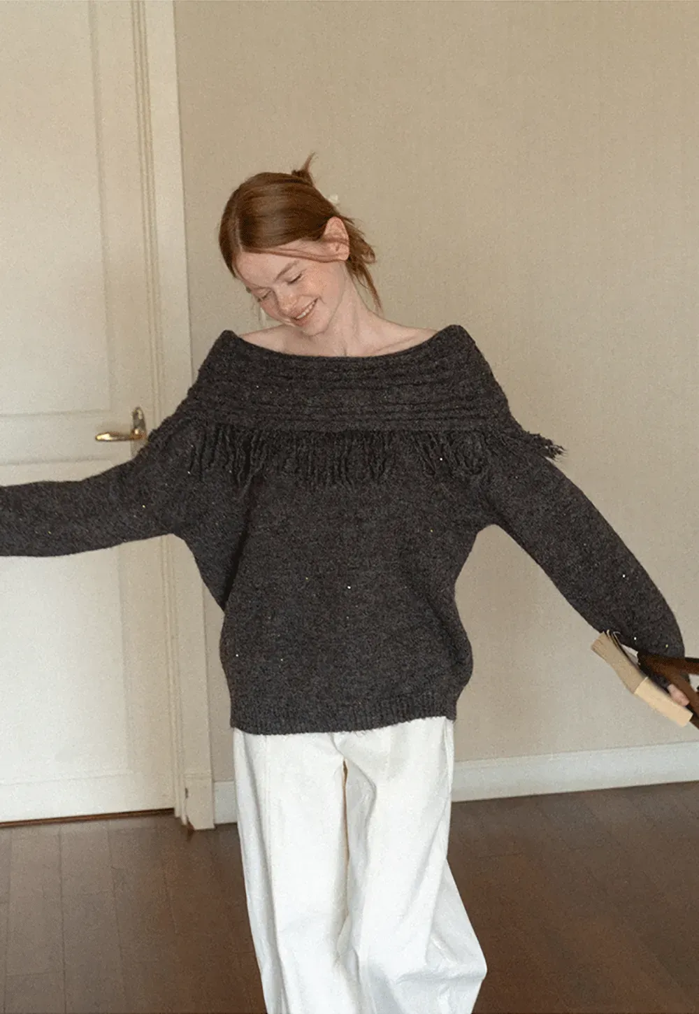 Off Shoulder Fringe Knit Sweater