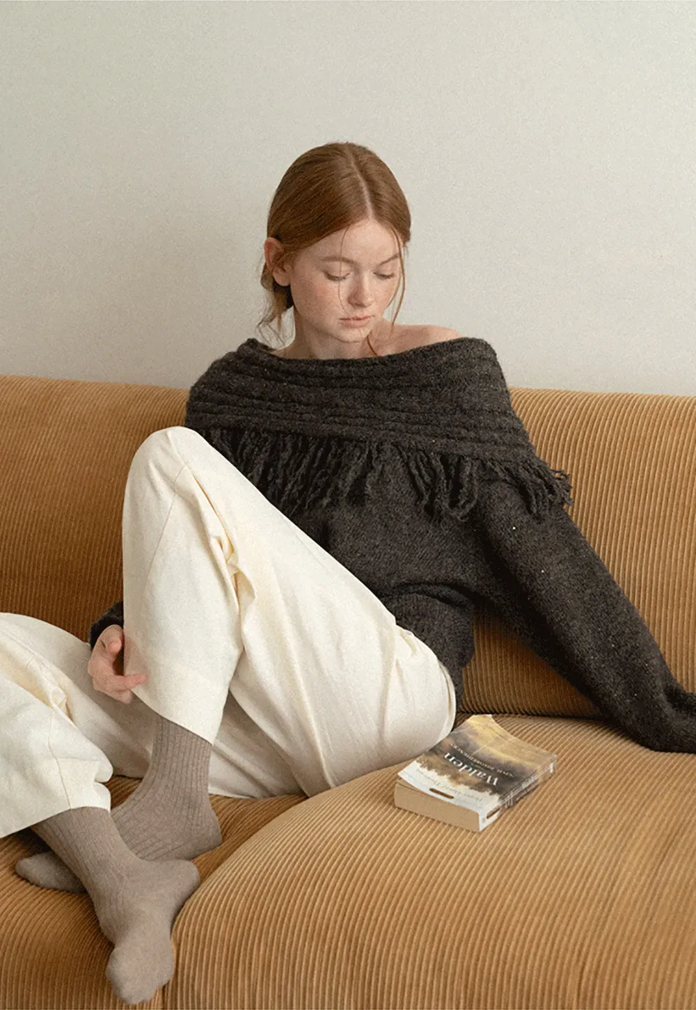 Off Shoulder Fringe Knit Sweater