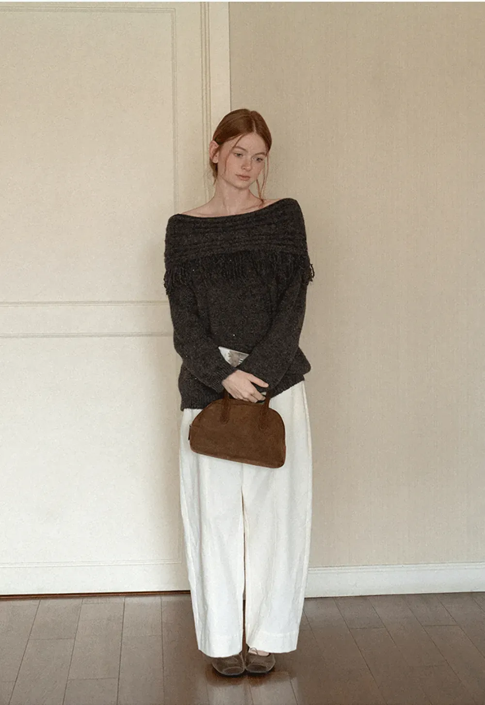 Off Shoulder Fringe Knit Sweater