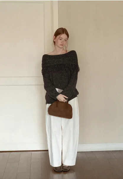 Off Shoulder Fringe Knit Sweater