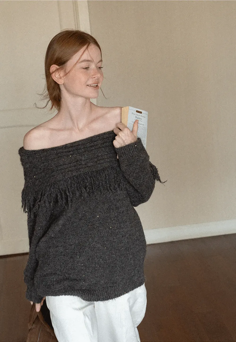 Off Shoulder Fringe Knit Sweater