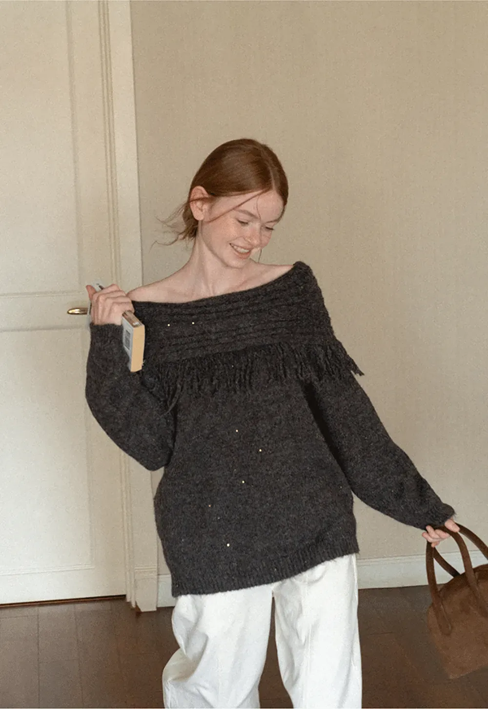 Off Shoulder Fringe Knit Sweater