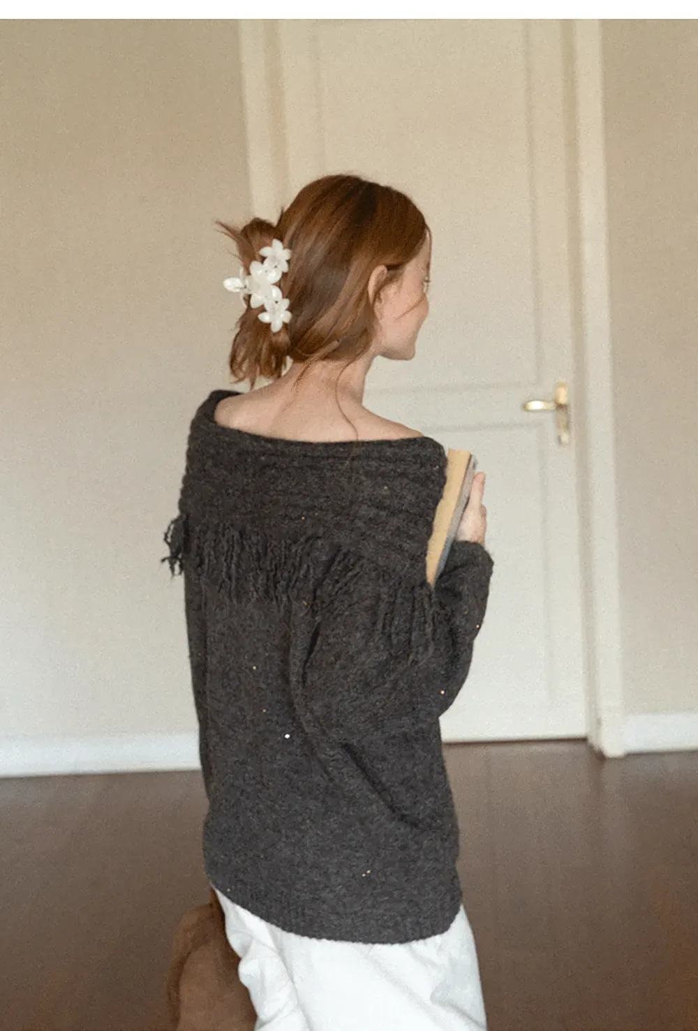 Off Shoulder Fringe Knit Sweater
