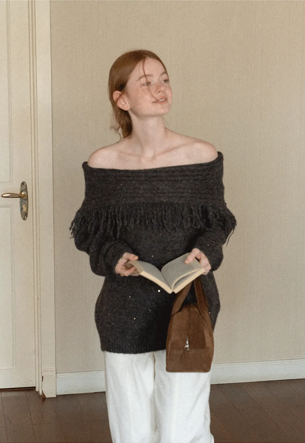 Off Shoulder Fringe Knit Sweater