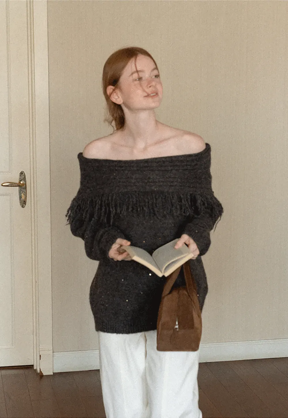 Off Shoulder Fringe Knit Sweater