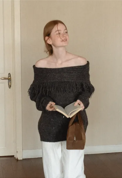 Off Shoulder Fringe Knit Sweater