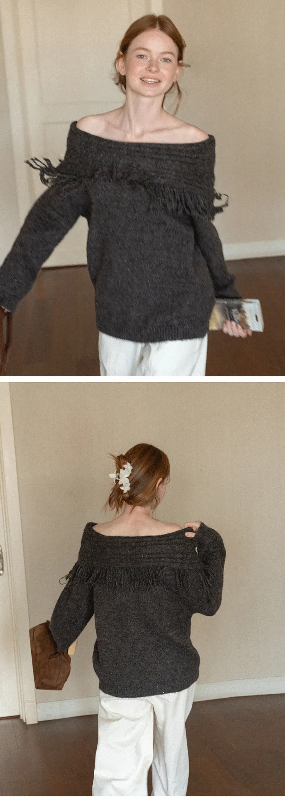 Off Shoulder Fringe Knit Sweater