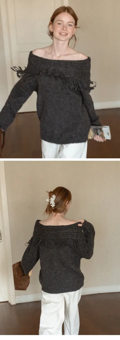 Off Shoulder Fringe Knit Sweater
