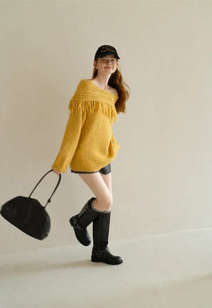 Off Shoulder Fringe Knit Sweater