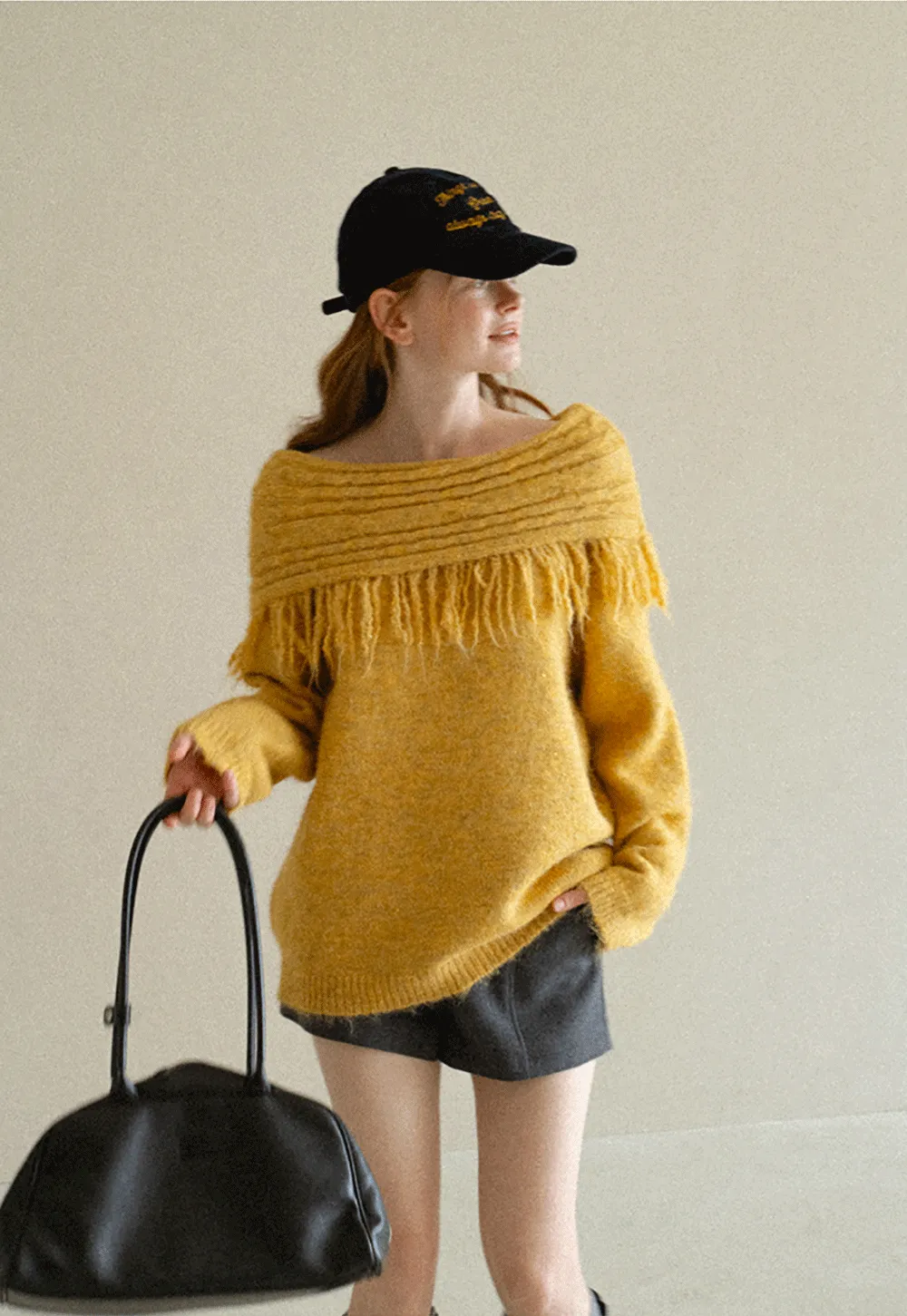 Off Shoulder Fringe Knit Sweater