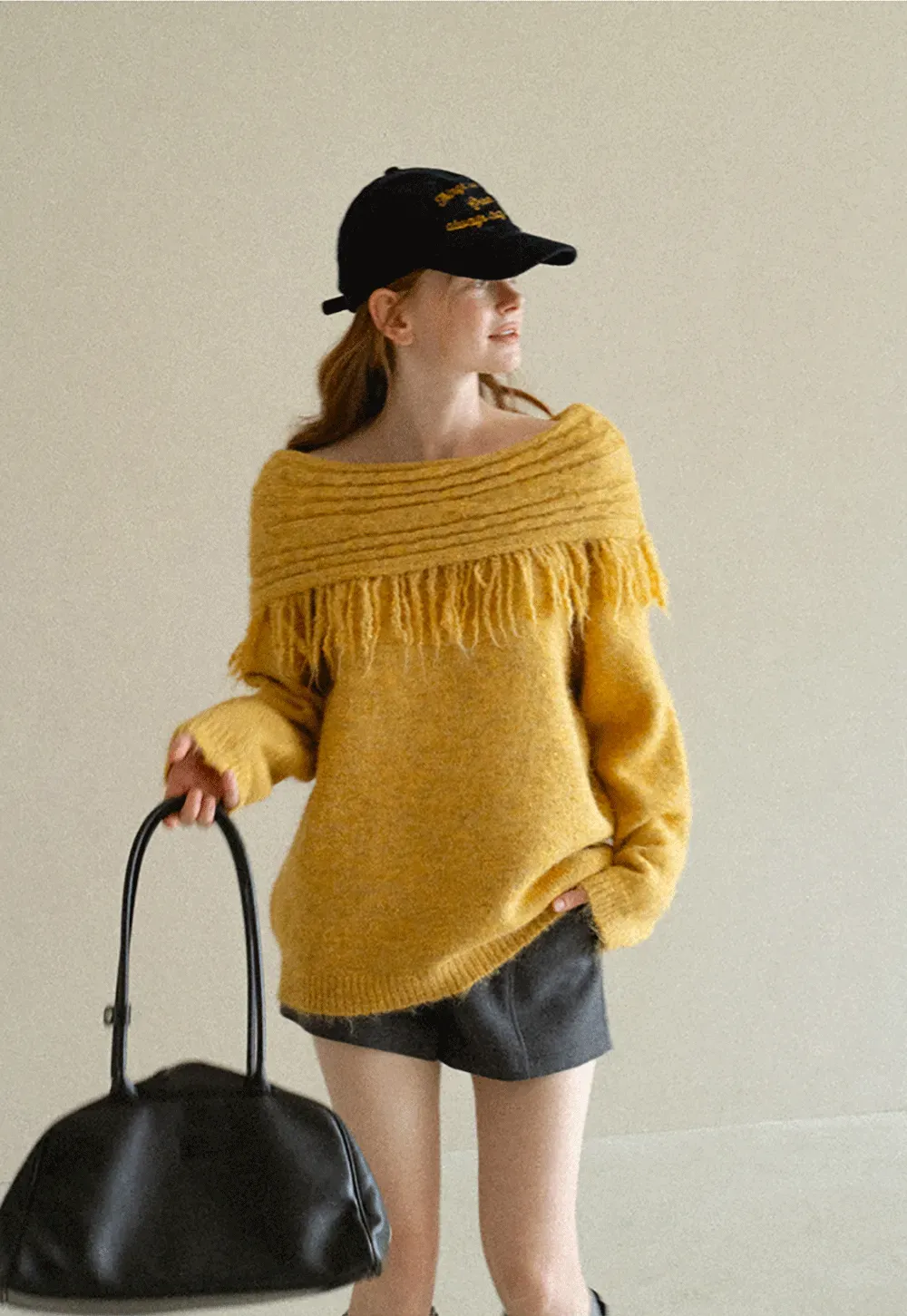 Off Shoulder Fringe Knit Sweater