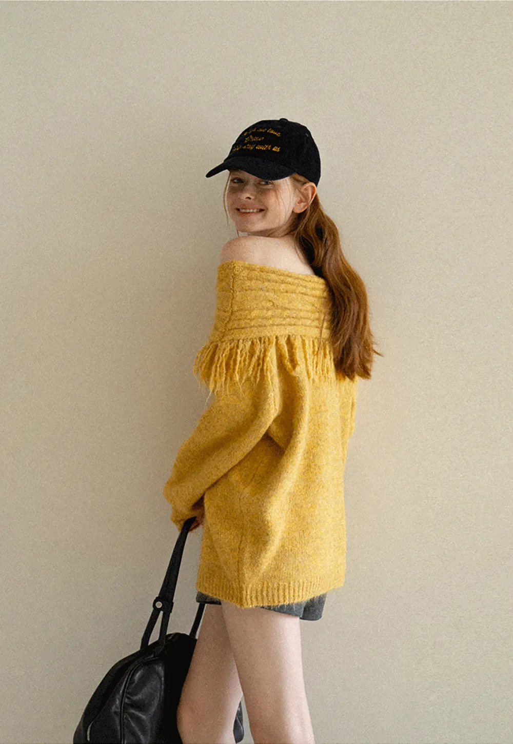 Off Shoulder Fringe Knit Sweater
