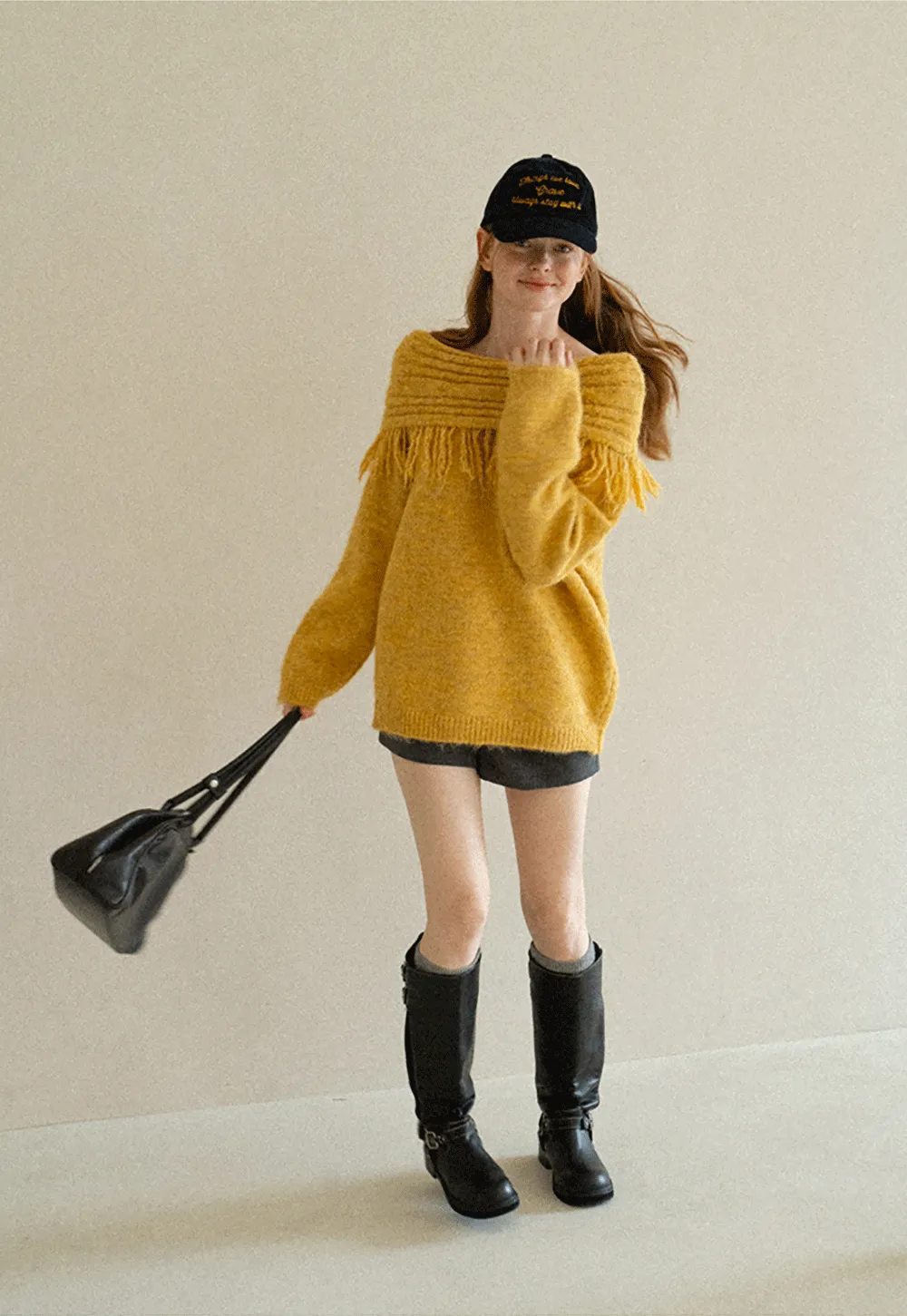 Off Shoulder Fringe Knit Sweater