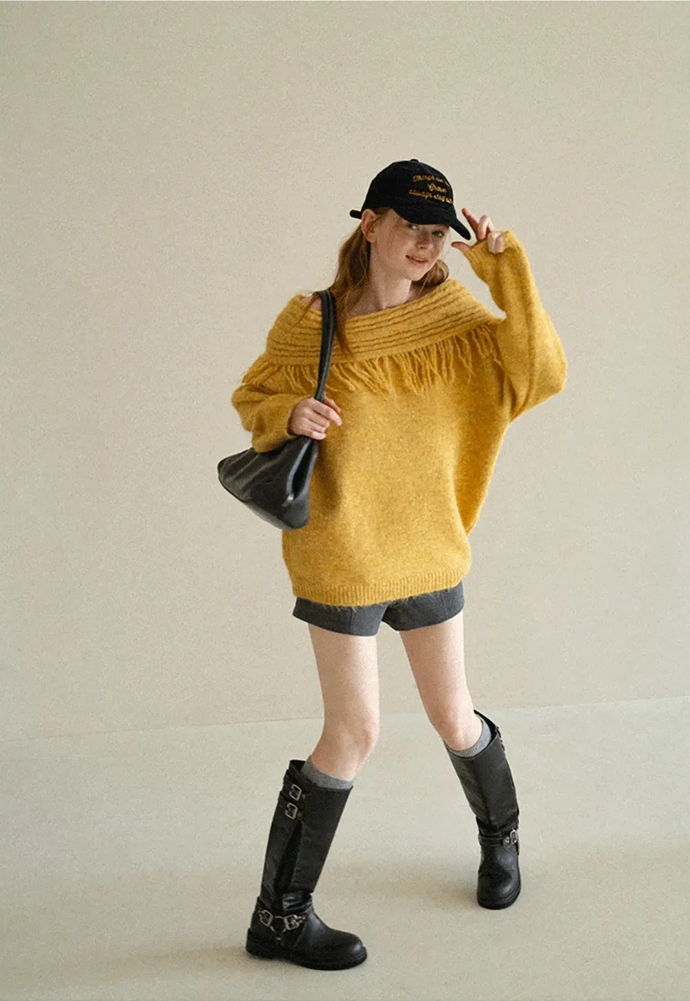 Off Shoulder Fringe Knit Sweater