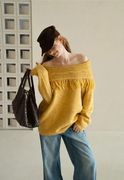 Off Shoulder Fringe Knit Sweater
