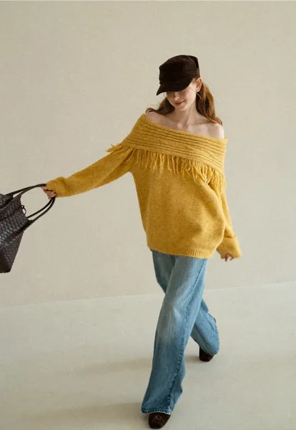 Off Shoulder Fringe Knit Sweater